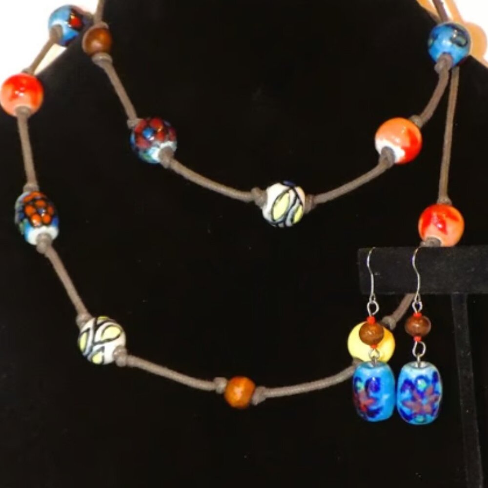 Vintage Boho Hand-Painted Ceramic & Wood Bead Leather Necklace & Earrings Set